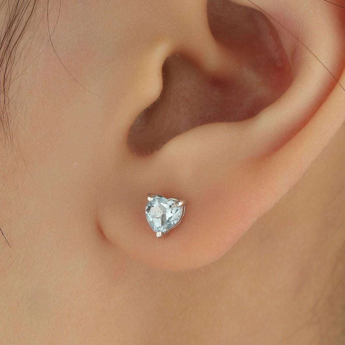 Natural Blue Topaz Stone Heart Stud Earrings in Sterling Silver - Silver or Gold, 5mm Genuine Blue Topaz Crystal Stud Earrings