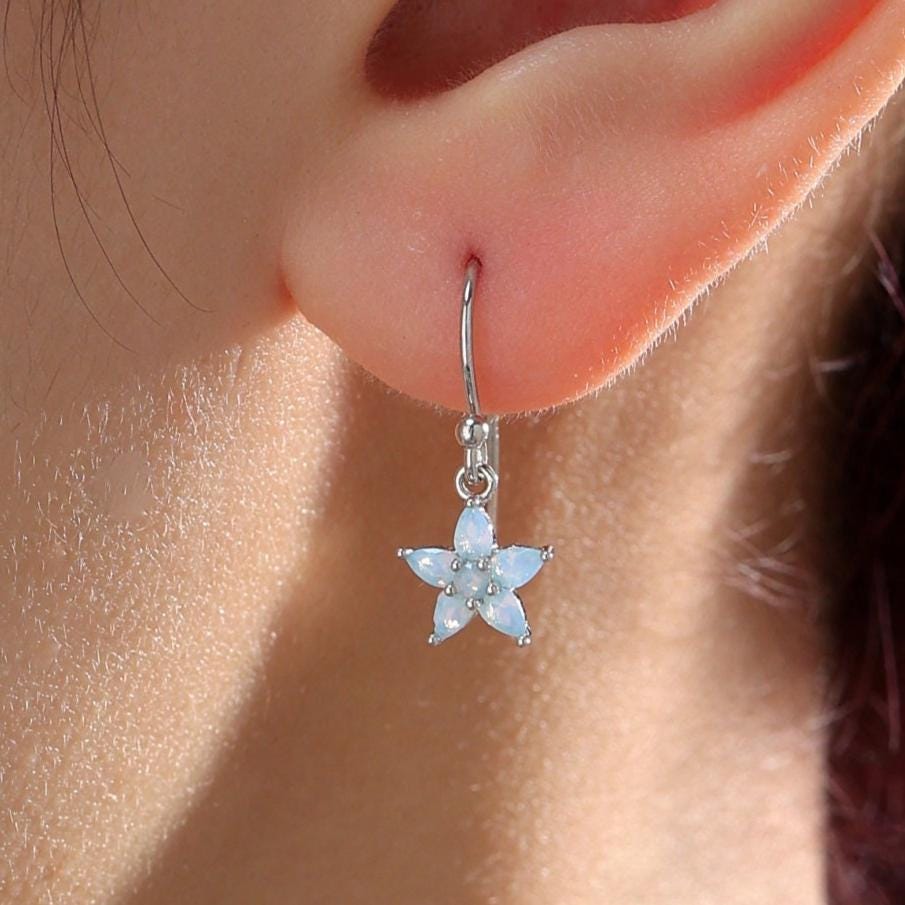 Sterling Silver Opal Blue CZ Flower Drop Dangle Earrings, Dainty Dangle Forget Me Not Flower Drop Earrings, Silver CZ Hook Earrings