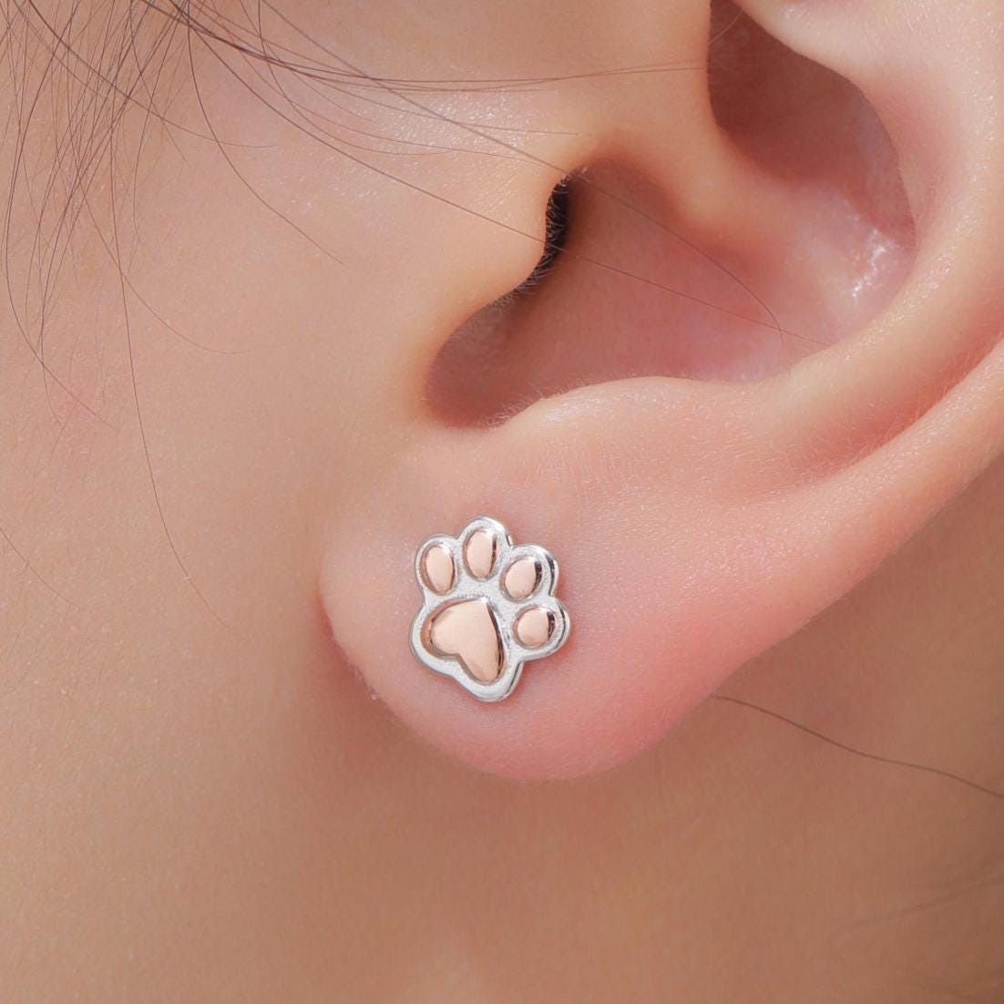 Cute Paw Print Stud Earrings in Sterling Silver - Dog Paw, Cat Paw Stud Earrings - Two Tone Finish - Pet Lover - Cute, Fun, Whimsical