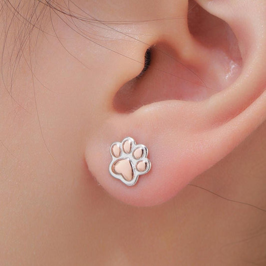 Cute Paw Print Stud Earrings in Sterling Silver - Dog Paw, Cat Paw Stud Earrings - Two Tone Finish - Pet Lover - Cute, Fun, Whimsical