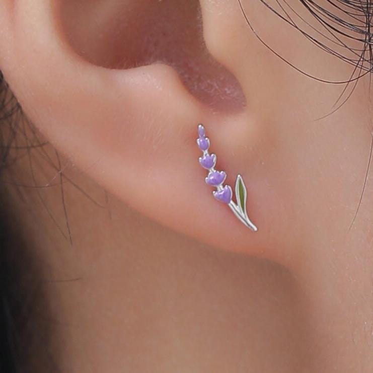 Super Tiny Sterling Silver Lavender Stud Earrings, Handpainted Enamel Lavender Earrings, Silver or Gold, Purple Lavender Earrings