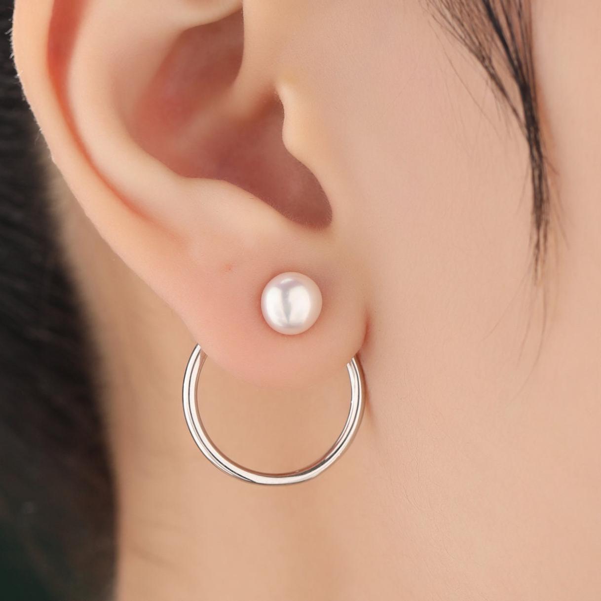 Natural Freshwater Pearl Ear Jacket in Sterling Silver, Silver or Gold, Two Way Detachable Circle Earrings, Front and Back Earring