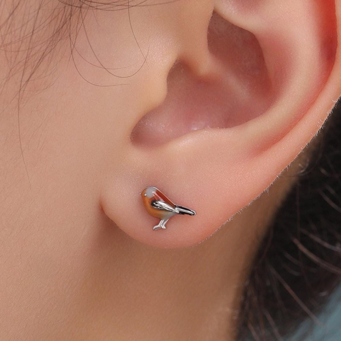 Sterling Silver Enamel Robin Bird Stud Earrings, Dainty British Bird Earrings, Nature Inspired Animal Earrings