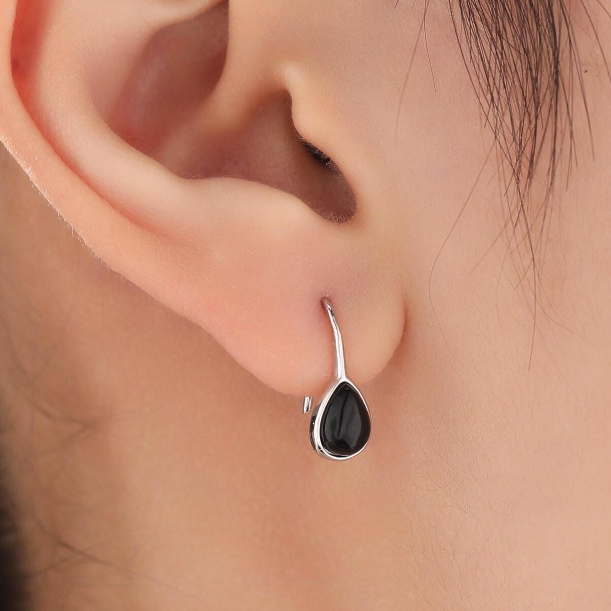 Genuine Black Onyx Pear Cut Drop Hook Earrings in Sterling Silver, Delicate Natural Black Onyx Earrings, Pear Droplet Black Onyx Earrings