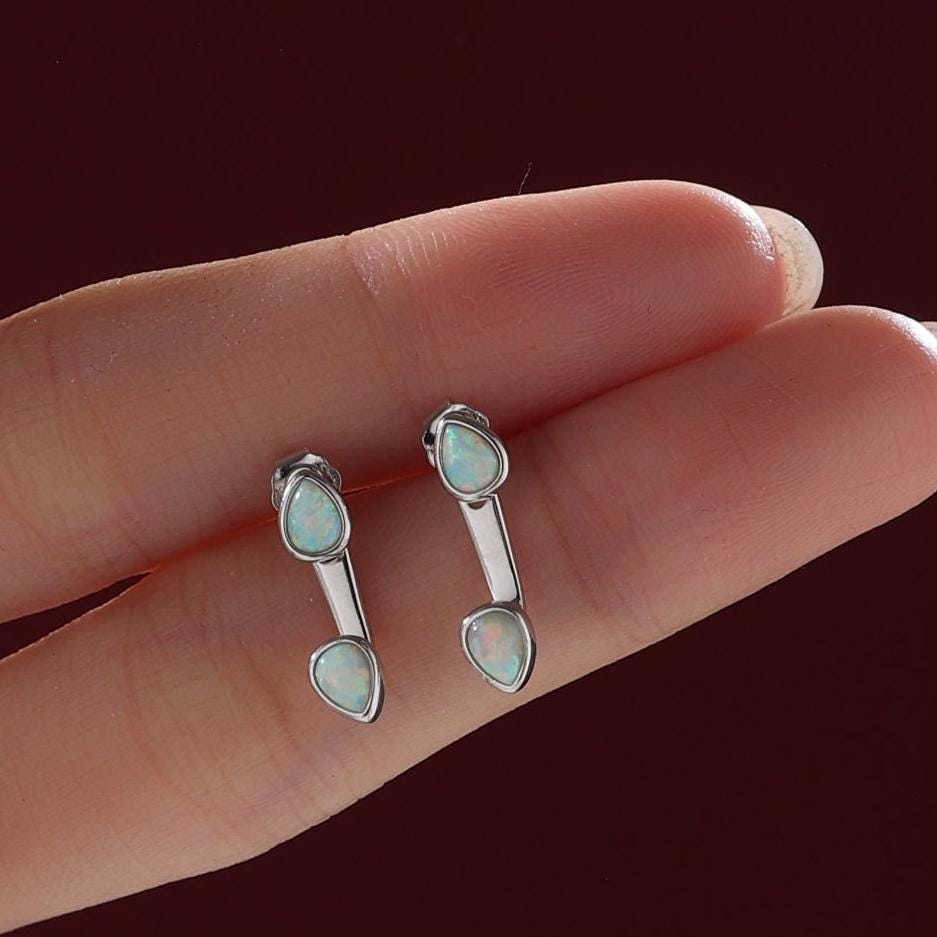 White Opal Droplet Ear Jacket in Sterling Silver, Silver or Gold, White Opal Pear Bezel Earrings, Front and Back Earrings