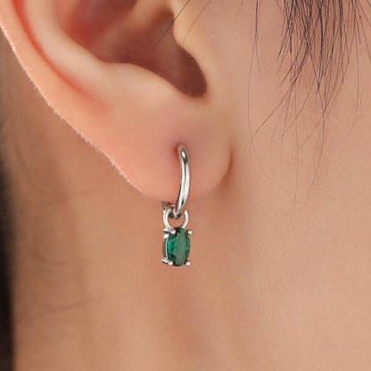 Oval Emerald Green CZ Huggie Hoop in Sterling Silver, Silver or Gold, Minimalist Simple Hoop Earrings, Detachable and Interchangeable