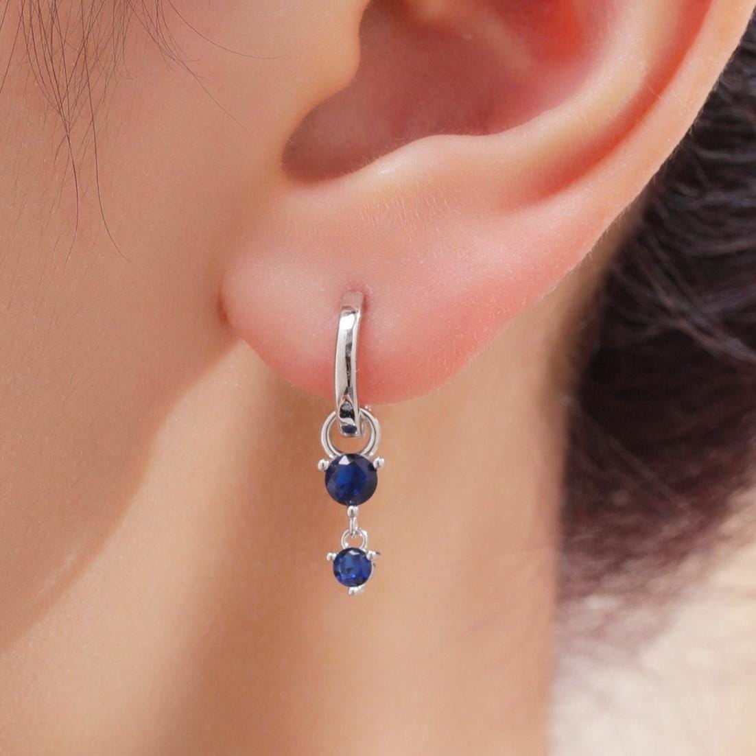 Double Sapphire Blue CZ Huggie Hoop Earrings in Sterling Silver, Silver or Gold, Detachable Charm Hoops, Geometric Hoop Earrings