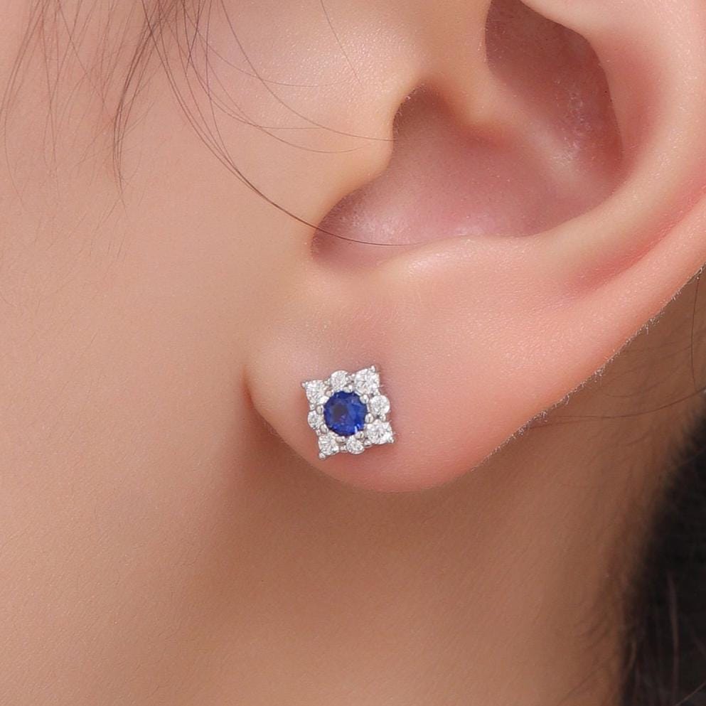 Tiny Sapphire Blue CZ Halo Stud Earrings in Sterling Silver, Silver or Gold, Vintage Inspired, Tiny CZ Stud Earrings, September Birthstone