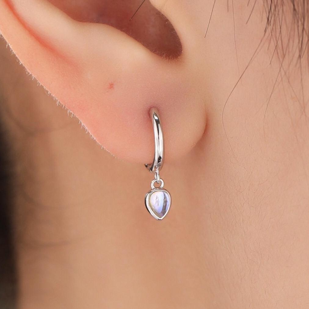 Moonstone Droplet Huggie Hoop Earrings in Sterling Silver, Simulated Moonstone Hoops, Silver or Gold, Minimal Lab Moonstone Earrings