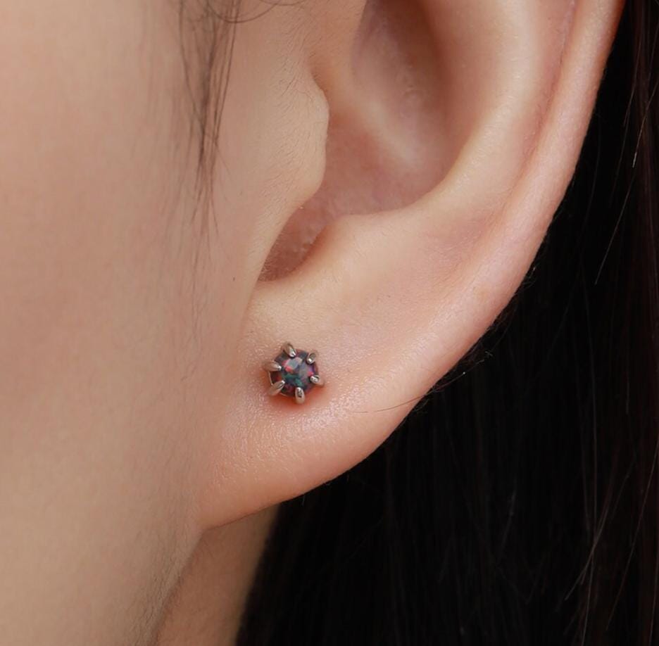 White Opal Long Prong Stud Earrings in Sterling Silver, Silver or Gold, Opal Earrings, Tiny Opal Earrings, Dainty Opal Cluster Earrings
