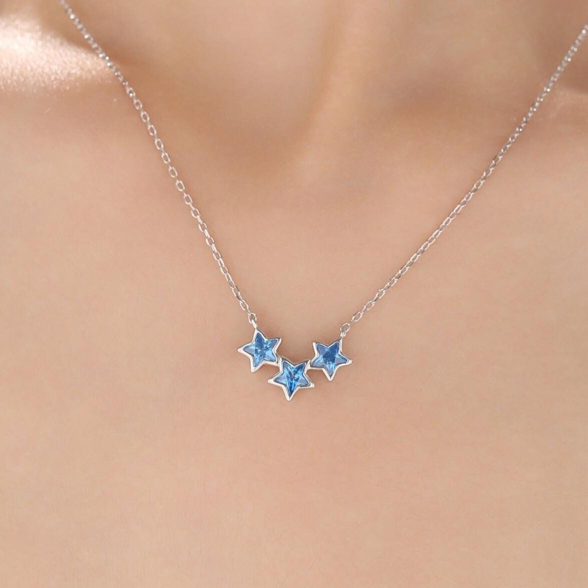 Aquamarine Blue CZ Triple Star Pendant Necklace in Sterling Silver, Silver or Gold, Three Star Crystal Necklace, Minimal Star Pendant