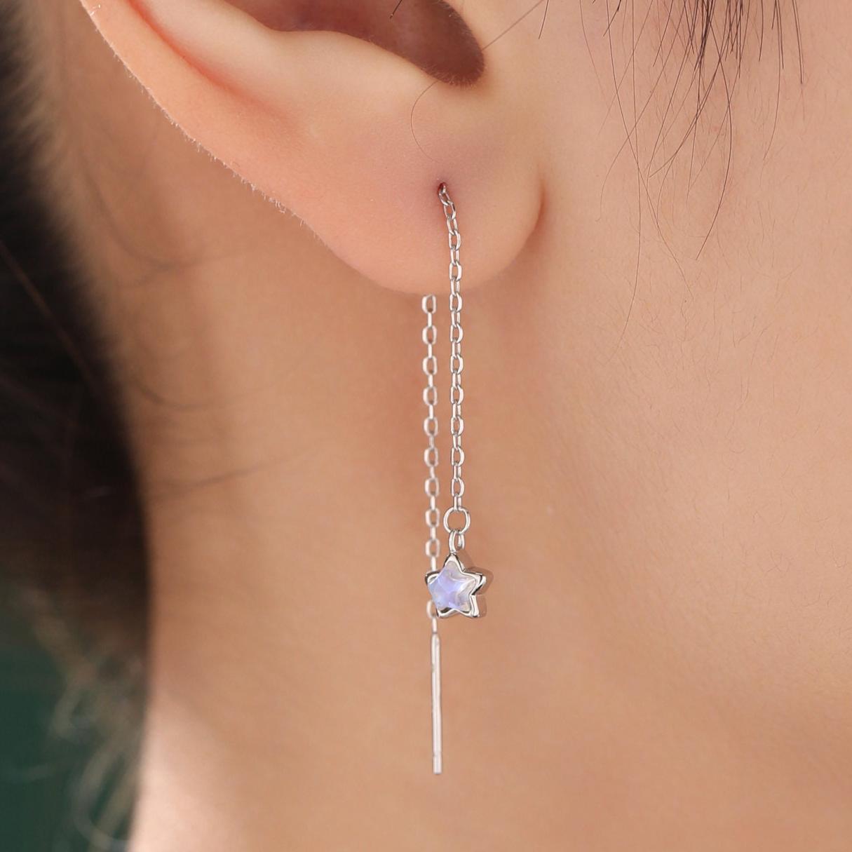 Moonstone Star Threader Earrings in Sterling Silver, Silver or Gold, Lab Moonstone Star Ear Threaders