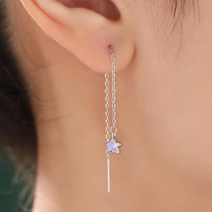 Moonstone Star Threader Earrings in Sterling Silver, Silver or Gold, Lab Moonstone Star Ear Threaders