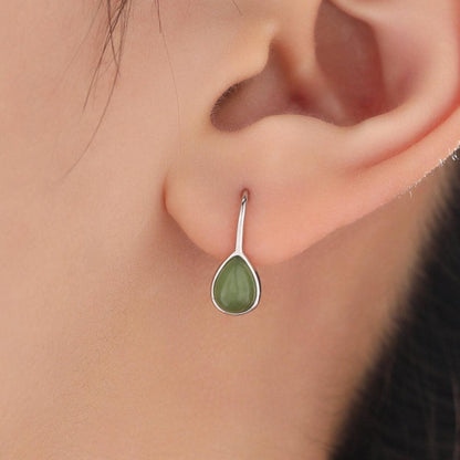 Genuine Green Jade Pear Cut Drop Hook Earrings in Sterling Silver, Delicate Natural Green Jade Earrings, Pear Droplet Green Jade Earrings