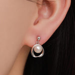 Genuine Freshwater Pearl and Mobius Circle Dangle Drop Earrings in Sterling Silver, Delicate Keshi Pearl Halo Earrings, Genuine Pearls