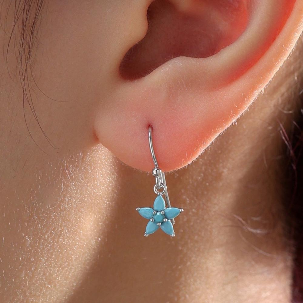 Sterling Silver Turquoise Blue CZ Flower Drop Dangle Earrings, Dainty Dangle Forget Me Not Flower Drop Earrings, Silver CZ Hook Earrings