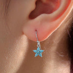 Sterling Silver Turquoise Blue CZ Flower Drop Dangle Earrings, Dainty Dangle Forget Me Not Flower Drop Earrings, Silver CZ Hook Earrings