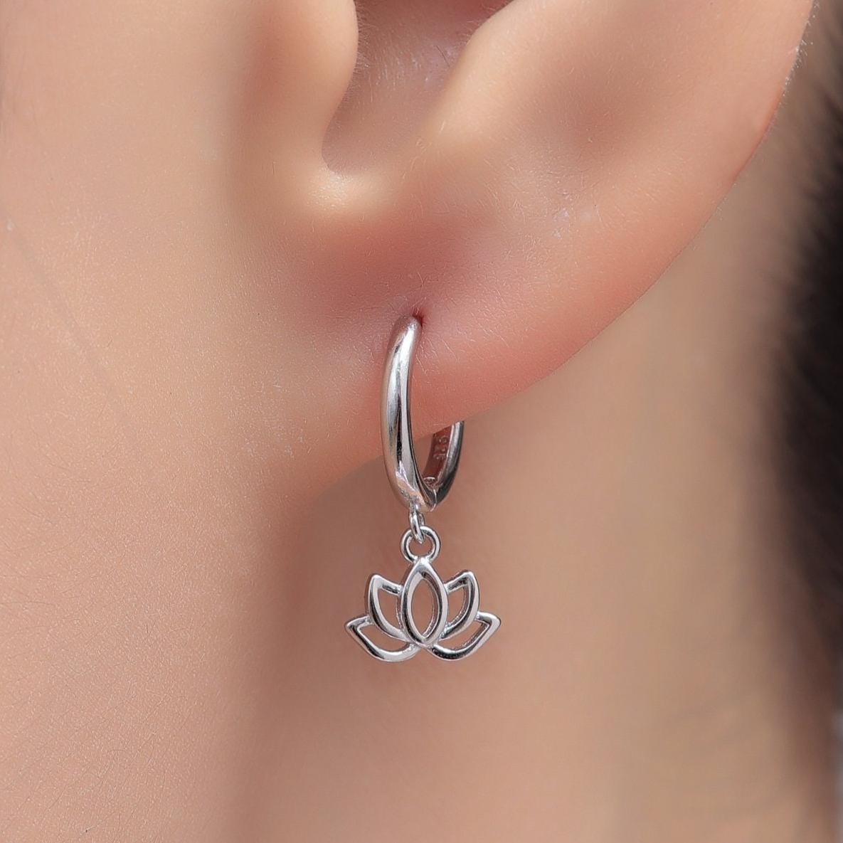 Sterling Silver Little Lotus Flower Huggie Hoops, Detachable Cute Lotus Hoop Earrings, Lotus Flower Charm Dangle Earrings