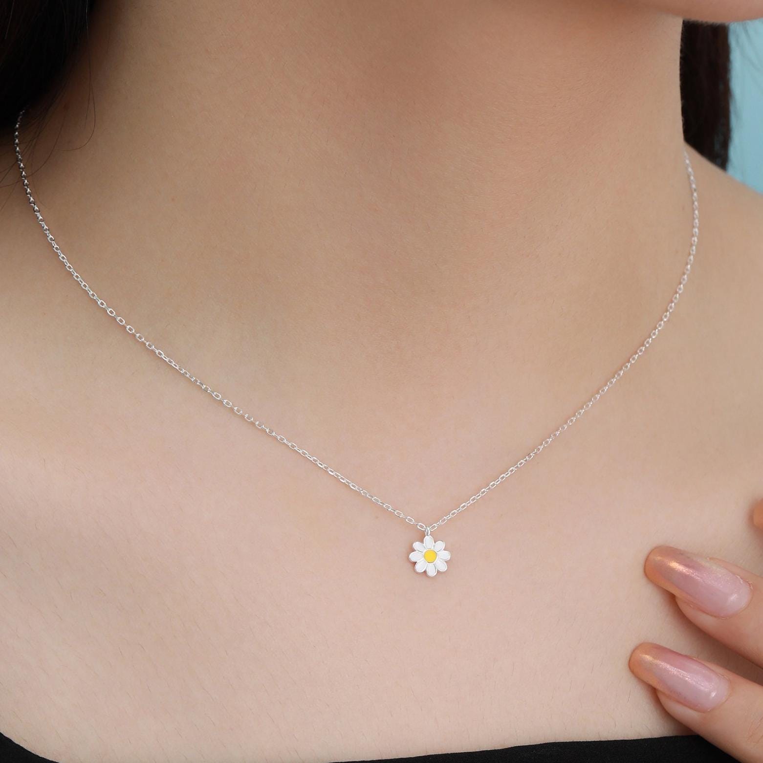 Sterling Silver Tiny Little Daisy Flower Pendant Necklace, Flower Necklace, Daisy Necklace, Enamel Flower Pendant Necklace