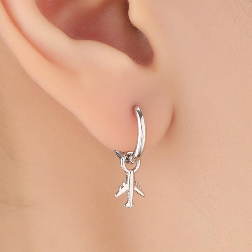 Dangling Plane Huggie Hoops in Sterling Silver, Silver or Gold or Rose Gold, Aeroplane Hoop Earrings, Detachable and Interchangeable