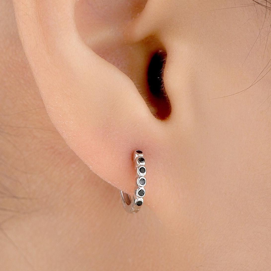 Black CZ Bezel Huggie Hoop in Sterling Silver, 8mm, Black CZ Hoops, Minimalist Simple Hoop Earrings, Black Hoops with Black CZ