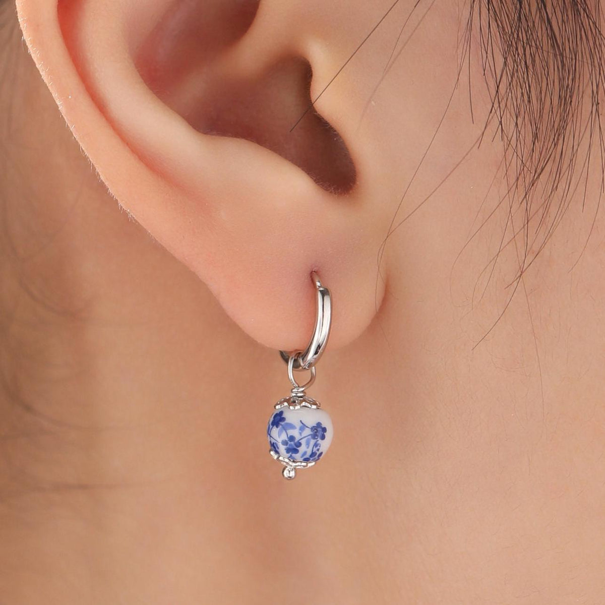 Ceramic Beads Hoop Earrings in Sterling Silver, Silver or Gold , 6mm or 8mm Porcelain Beads, Ceramic Beads Earrings