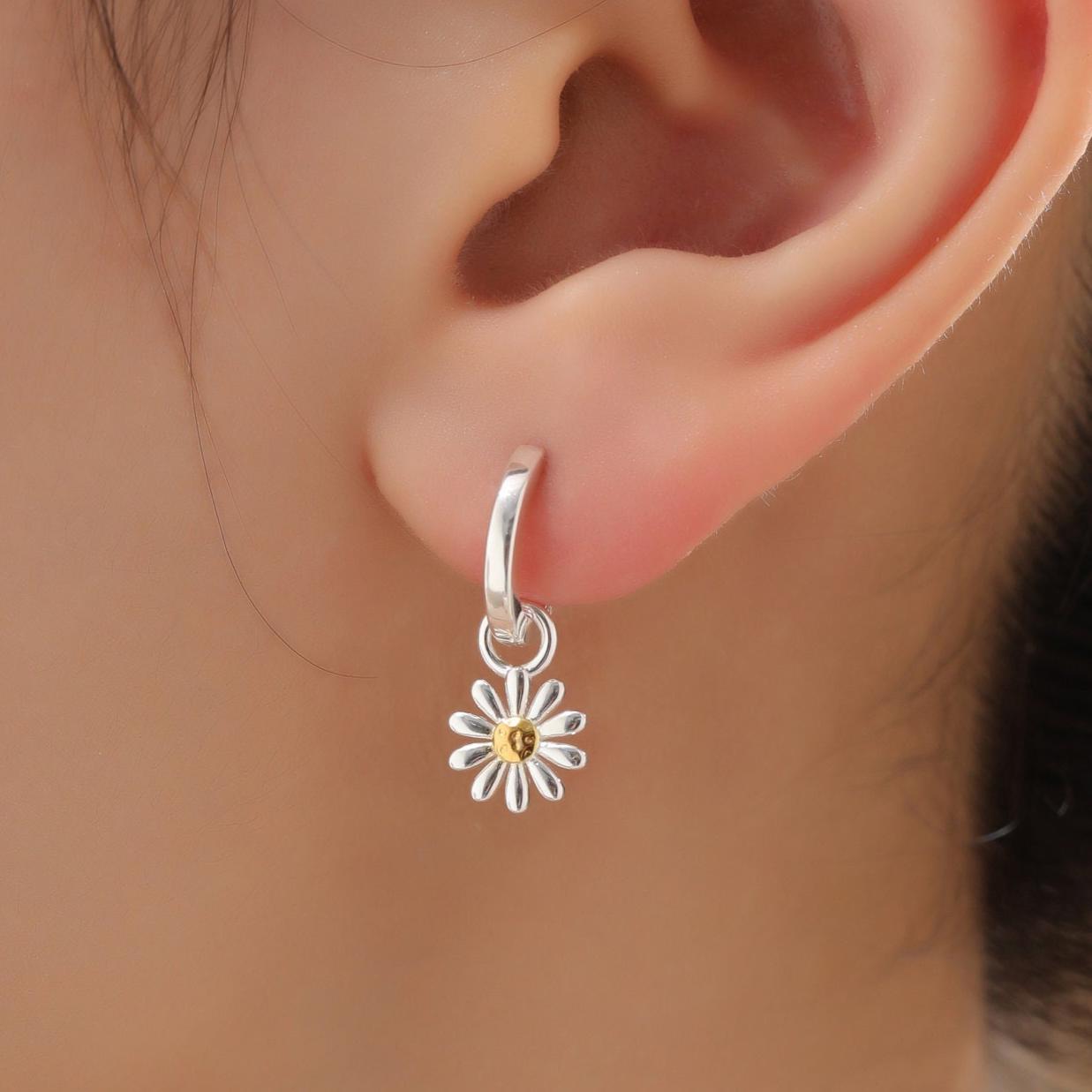 Aster Flower Charmed Hoop Earrings in Sterling Silver - Daisy Flower Blossom Huggie Hoop Earrings - Whimsical, Detachable Charm Hoops