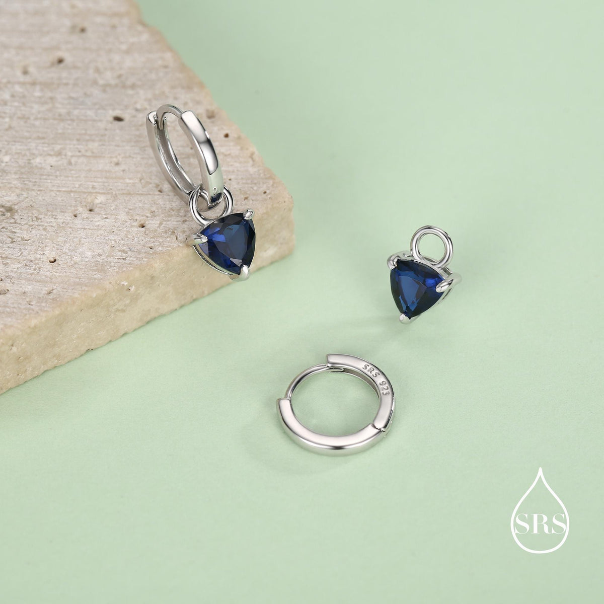 Sterling Silver Sapphire Blue Trillion Cut CZ Hoop Earrings, Silver or Gold, Triangle Dangle Hoop Earrings, Interchangeable Charm