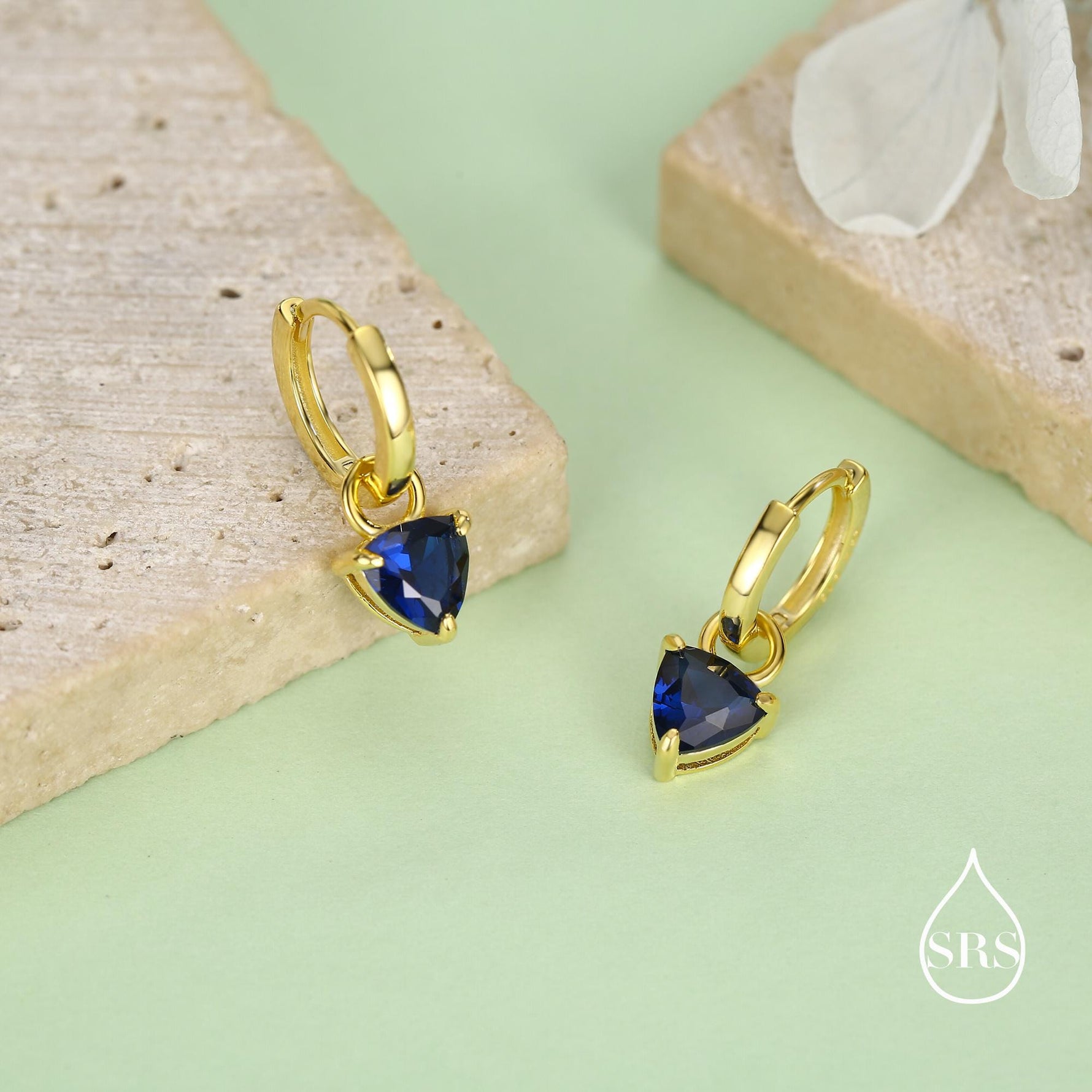 Sterling Silver Sapphire Blue Trillion Cut CZ Hoop Earrings, Silver or Gold, Triangle Dangle Hoop Earrings, Interchangeable Charm