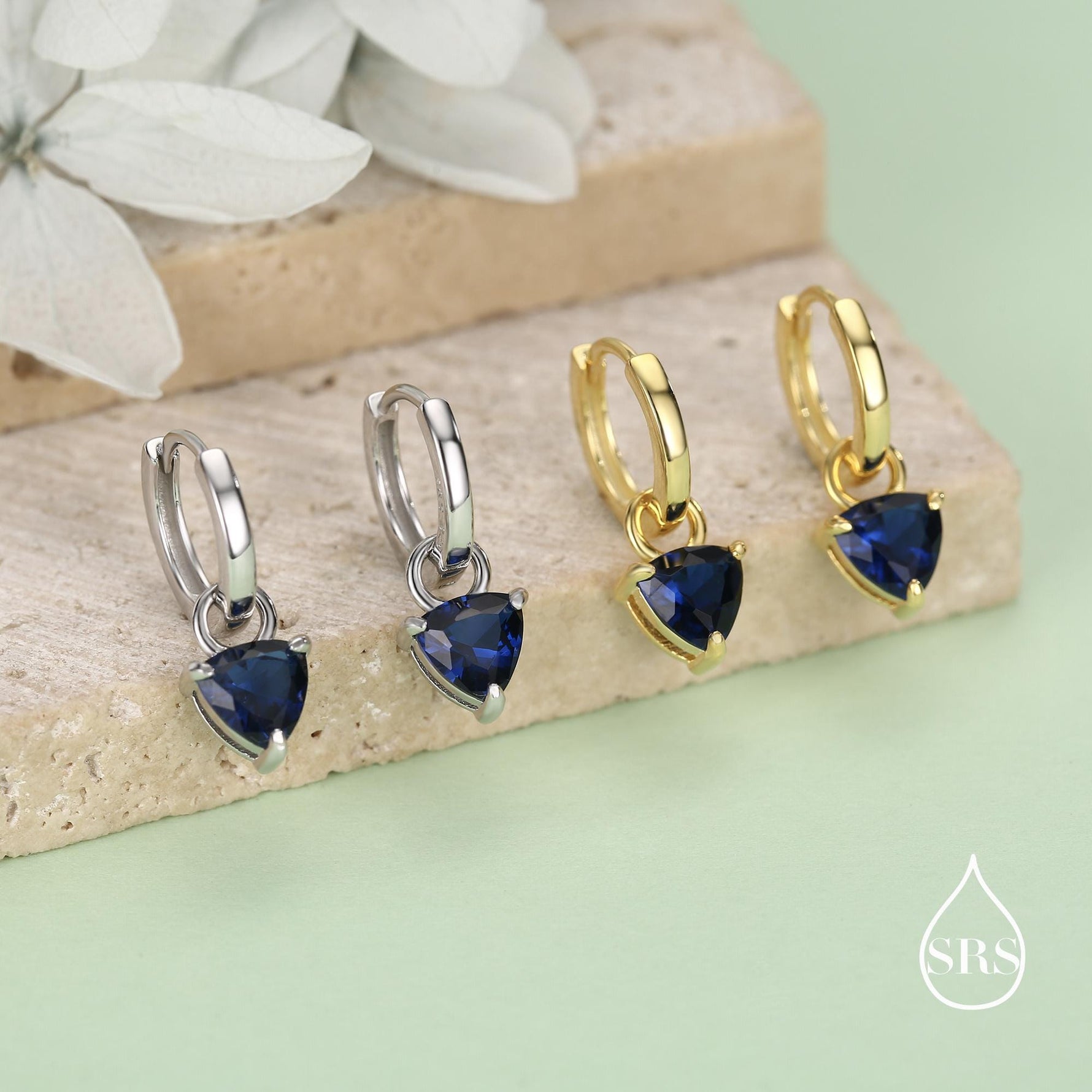 Sterling Silver Sapphire Blue Trillion Cut CZ Hoop Earrings, Silver or Gold, Triangle Dangle Hoop Earrings, Interchangeable Charm