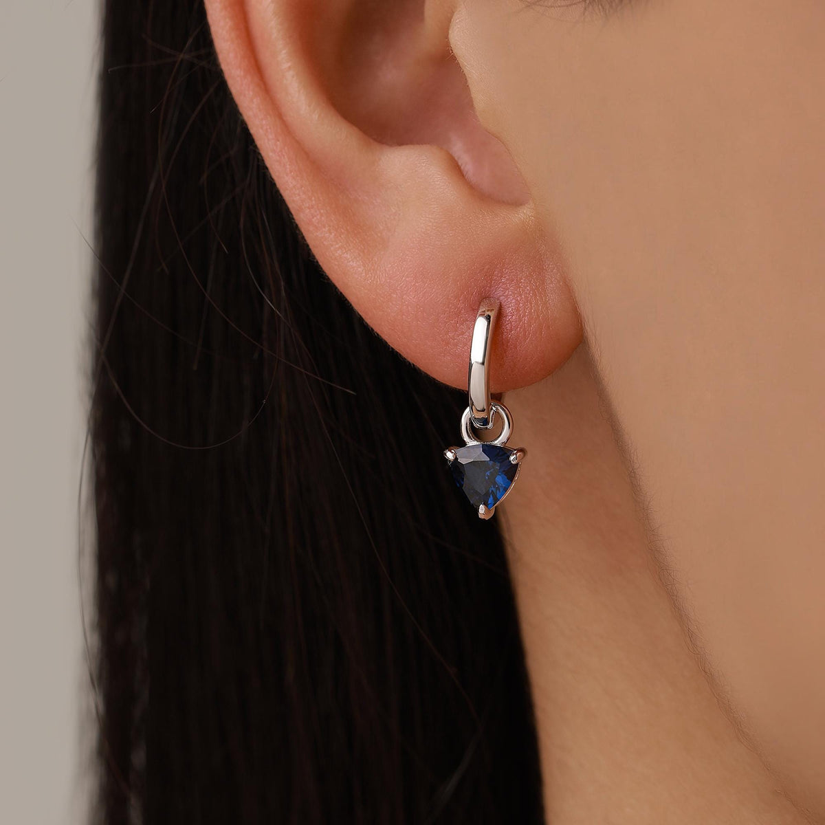 Sterling Silver Sapphire Blue Trillion Cut CZ Hoop Earrings, Silver or Gold, Triangle Dangle Hoop Earrings, Interchangeable Charm