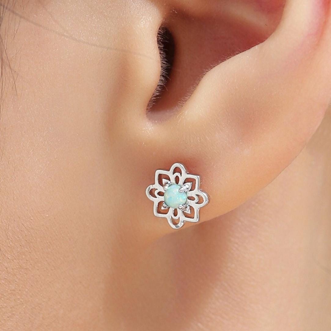 Vintage Style Aqua Opal Stud Earrings in Sterling Silver, Silver or Gold, Lab Opal Earrings, Fire Opal Vintage Insipred Earrings