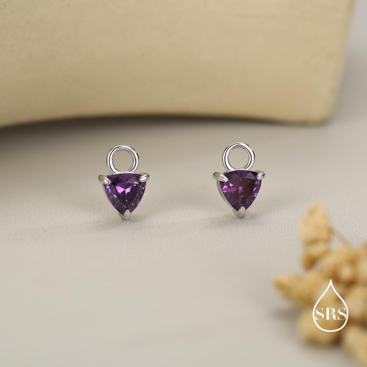 Sterling Silver Trillion Cut Amethyst Purple CZ Charms for Huggie Hoops Earrings