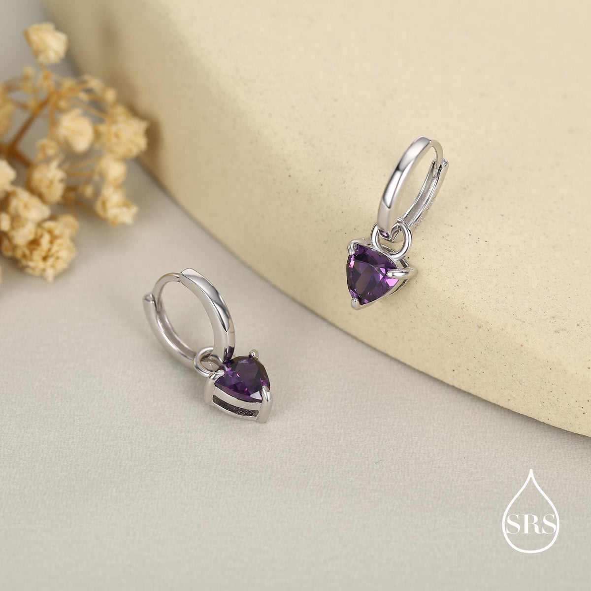 Sterling Silver Amethyst Purple Trillion Cut CZ Hoop Earrings, Silver, Gold, Triangle Dangle Hoop Earrings, Interchangeable Charm