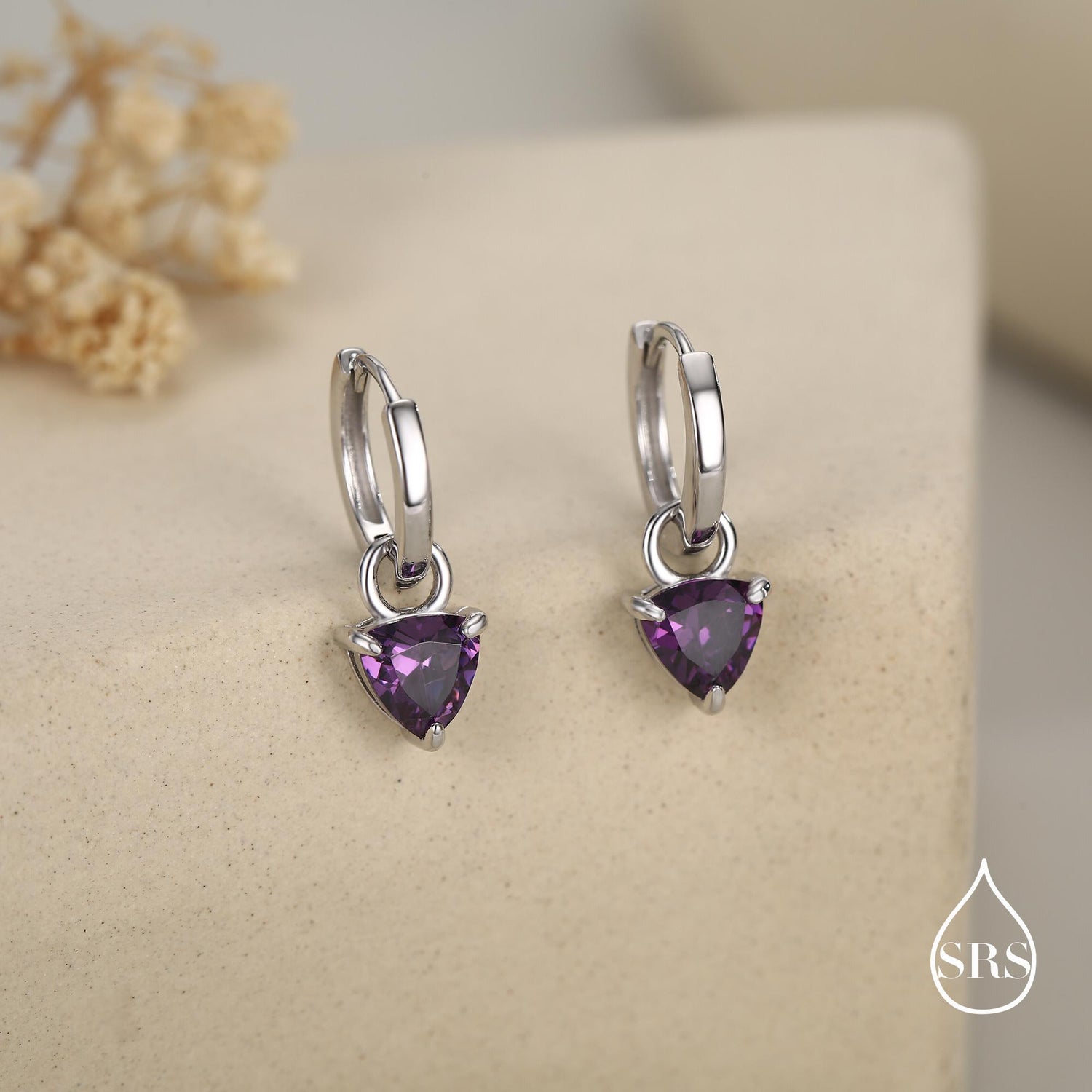 Sterling Silver Amethyst Purple Trillion Cut CZ Hoop Earrings, Silver, Gold, Triangle Dangle Hoop Earrings, Interchangeable Charm