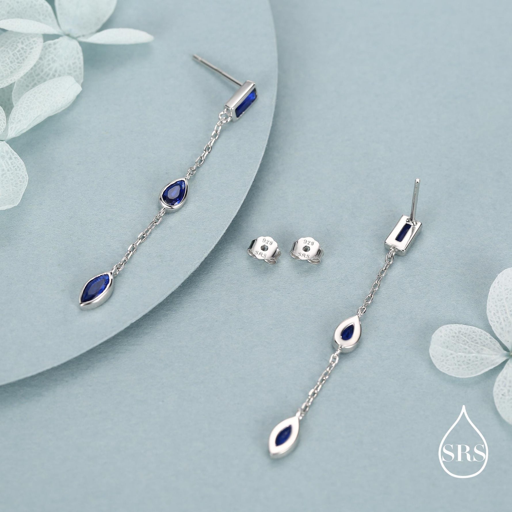 Sapphire Blue Marquise CZ Dangle Drop Stud Earrings in Sterling Silver, Silver or Gold, Pear Cut and Baguette Drop Earrings, Geometric CZ