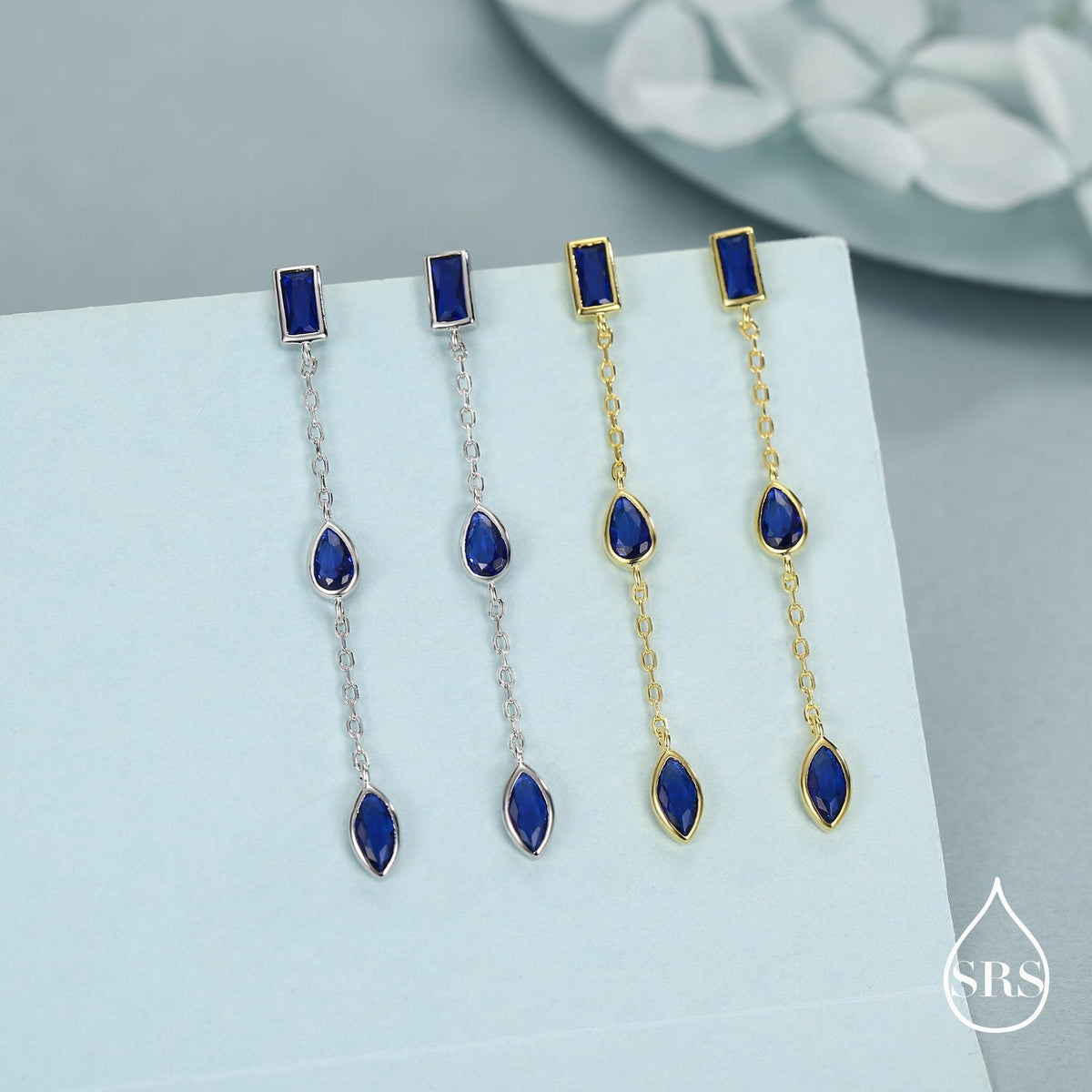 Sapphire Blue Marquise CZ Dangle Drop Stud Earrings in Sterling Silver, Silver or Gold, Pear Cut and Baguette Drop Earrings, Geometric CZ