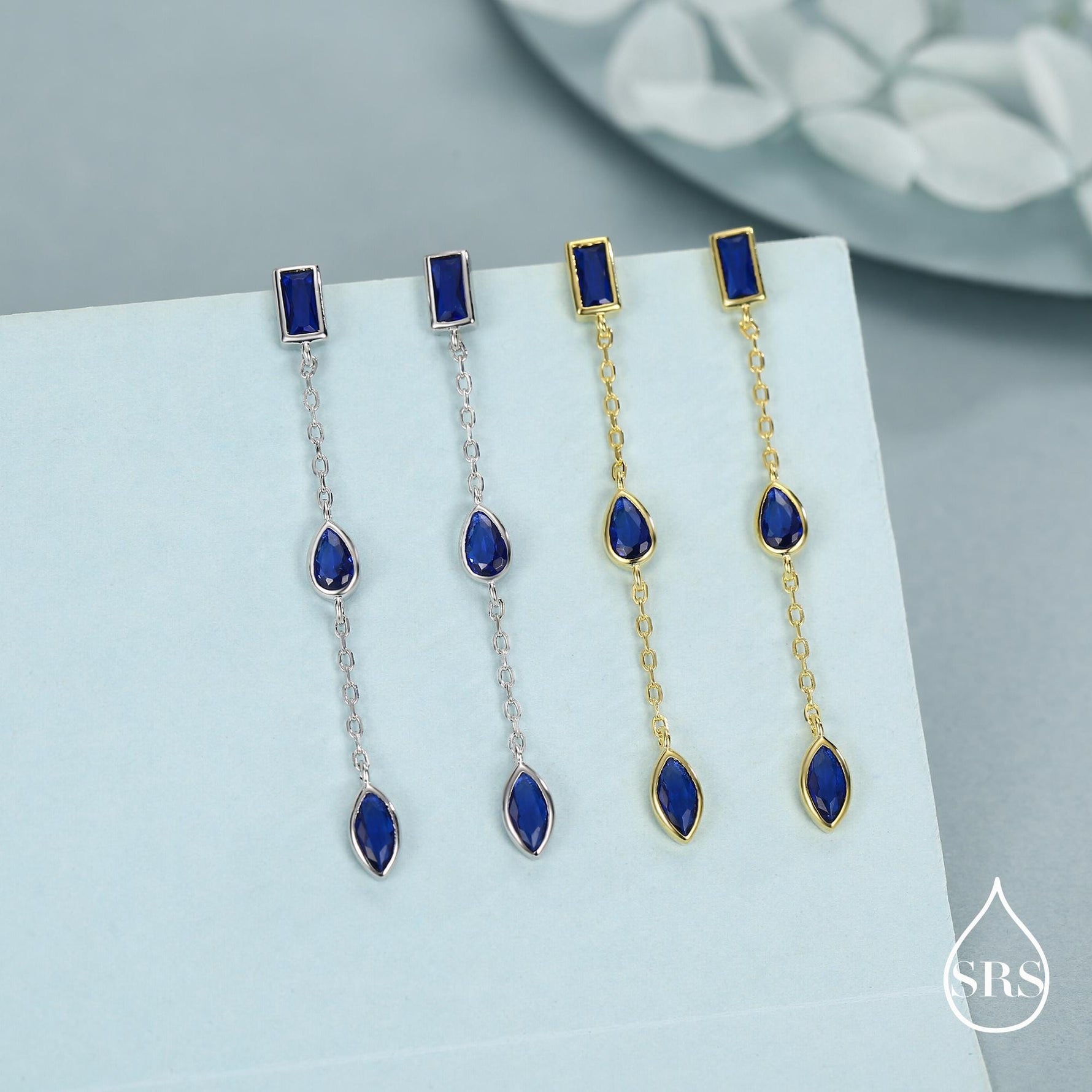 Sapphire Blue Marquise CZ Dangle Drop Stud Earrings in Sterling Silver, Silver or Gold, Pear Cut and Baguette Drop Earrings, Geometric CZ