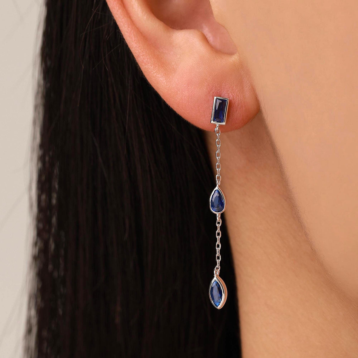 Sapphire Blue Marquise CZ Dangle Drop Stud Earrings in Sterling Silver, Silver or Gold, Pear Cut and Baguette Drop Earrings, Geometric CZ