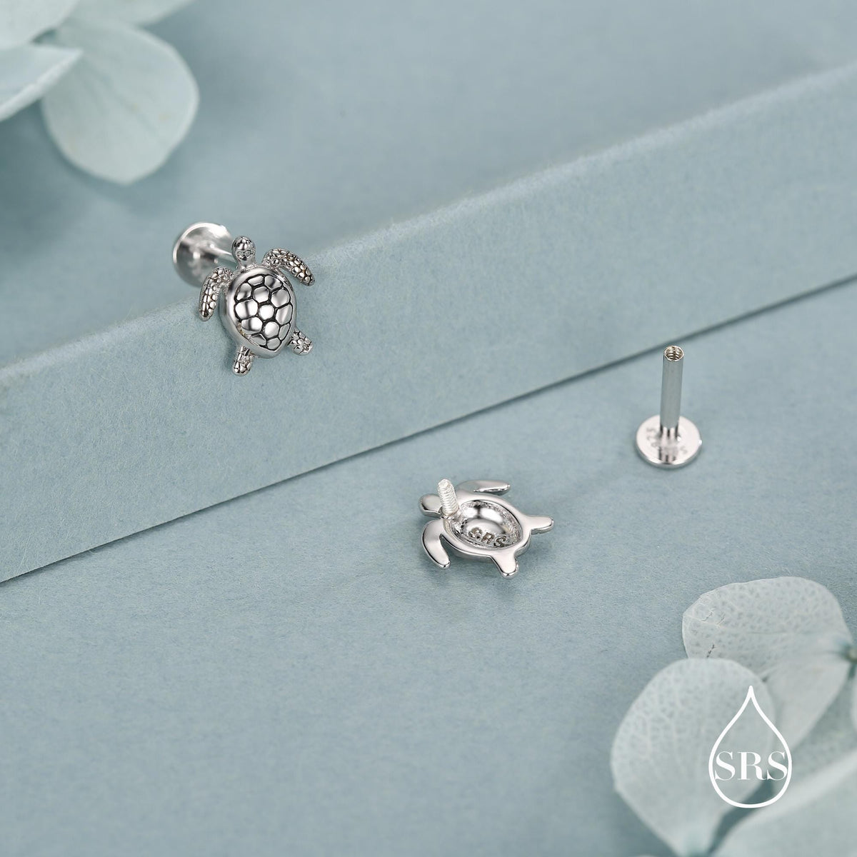 Turtle 16G Internally Threaded Flat Back Earrings in Sterling Silver, Animal Earrings