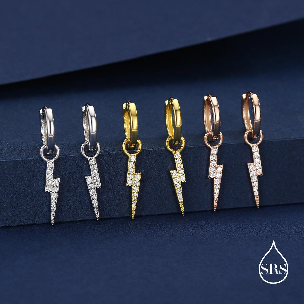 Lightning Bolt Charm Huggie Hoop Earrings in Sterling Silver with Detachable Charms