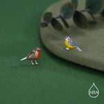 Mismatched Robin Bird and Blue Tit Bird Stud Earrings in Sterling Silver, Asymmetric Enamel Bird Earrings, Silver or Gold