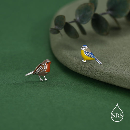 Mismatched Robin Bird and Blue Tit Bird Stud Earrings in Sterling Silver, Asymmetric Enamel Bird Earrings, Silver or Gold
