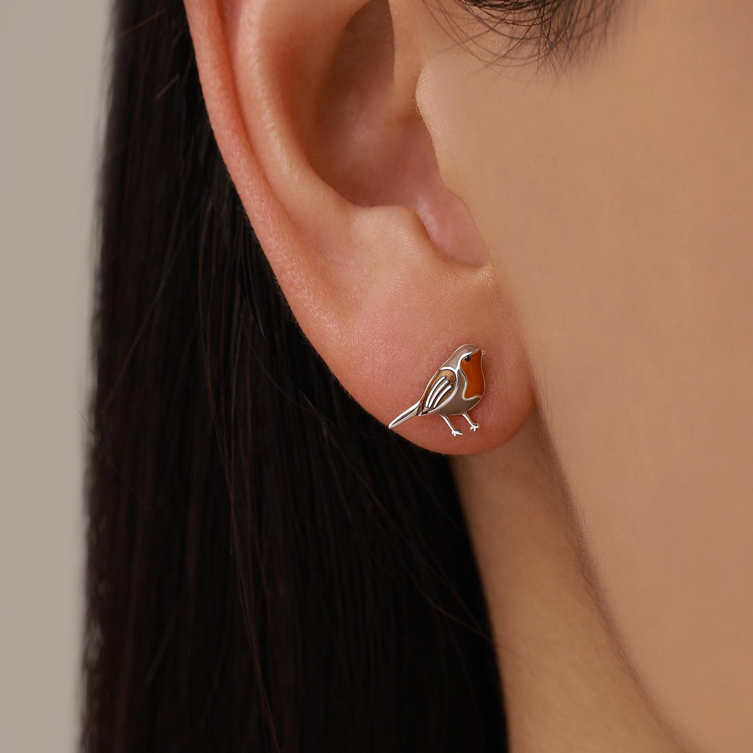 Mismatched Robin Bird and Blue Tit Bird Stud Earrings in Sterling Silver, Asymmetric Enamel Bird Earrings, Silver or Gold