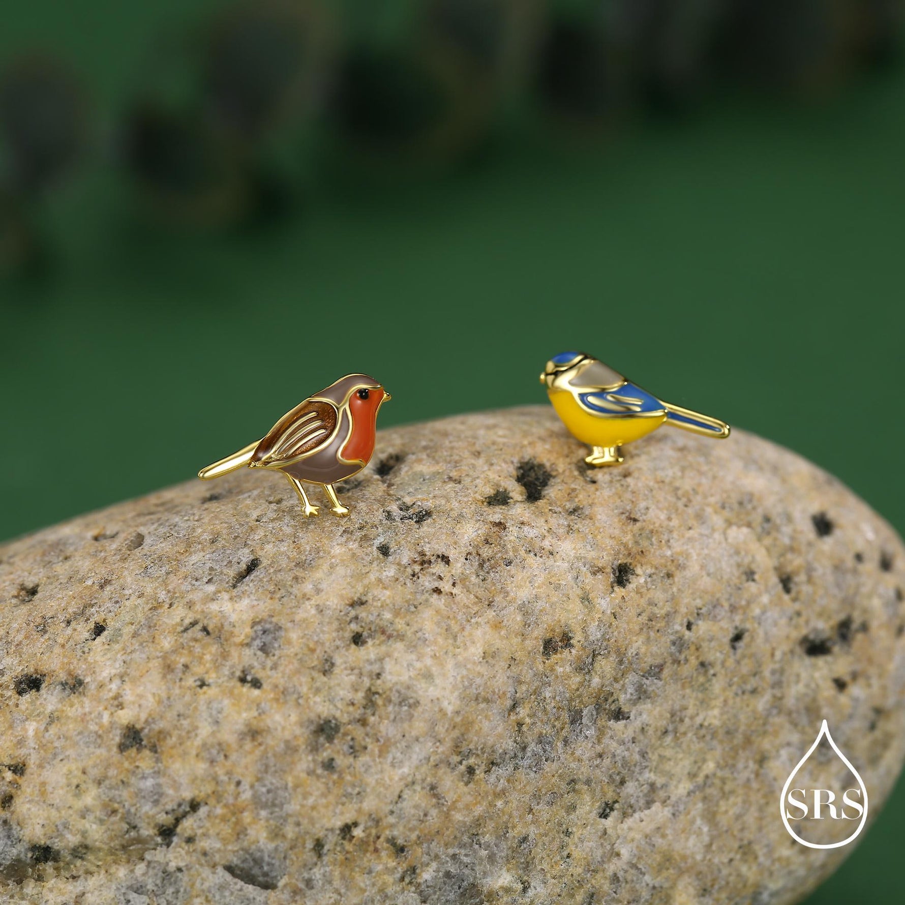 Mismatched Robin Bird and Blue Tit Bird Stud Earrings in Sterling Silver, Asymmetric Enamel Bird Earrings, Silver or Gold