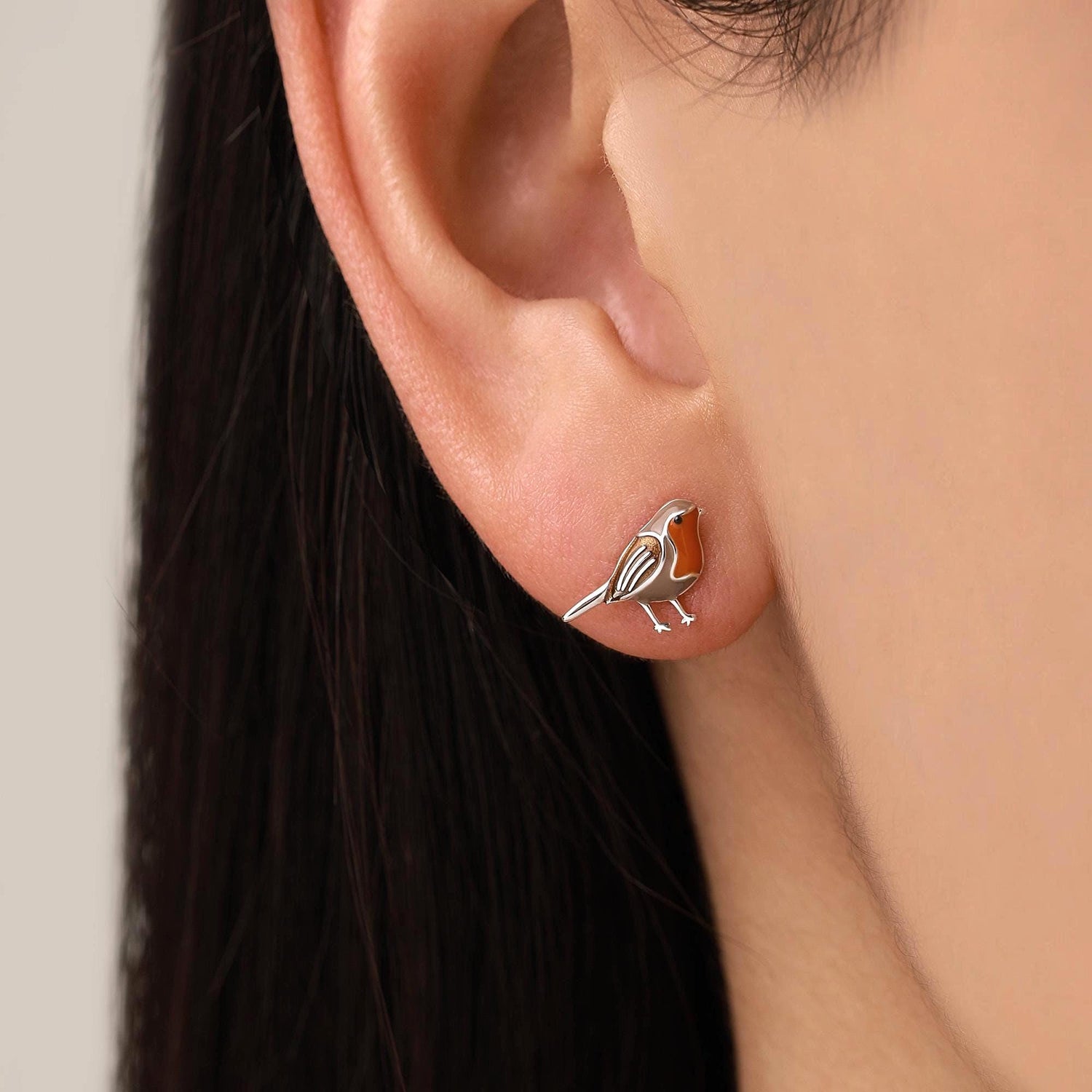 Hand Painted Enamel Robin Bird Stud Earrings in Sterling Silver, Silver or Gold, British Bird Earrings, Nature Inspired Animal Earrings
