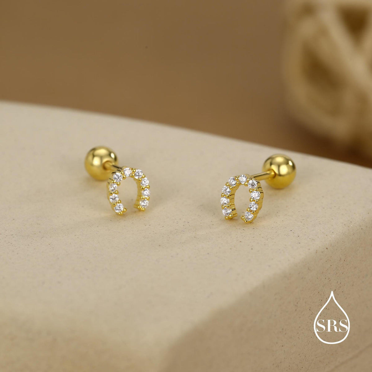 Sterling Silver CZ Horseshoe 18G Screw Back Stud Earrings with Ball Backs