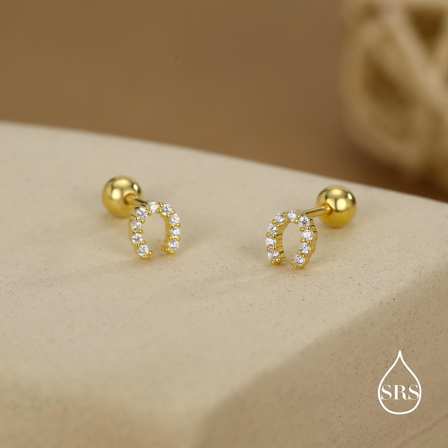 Sterling Silver CZ Horseshoe 18G Screw Back Stud Earrings with Ball Backs