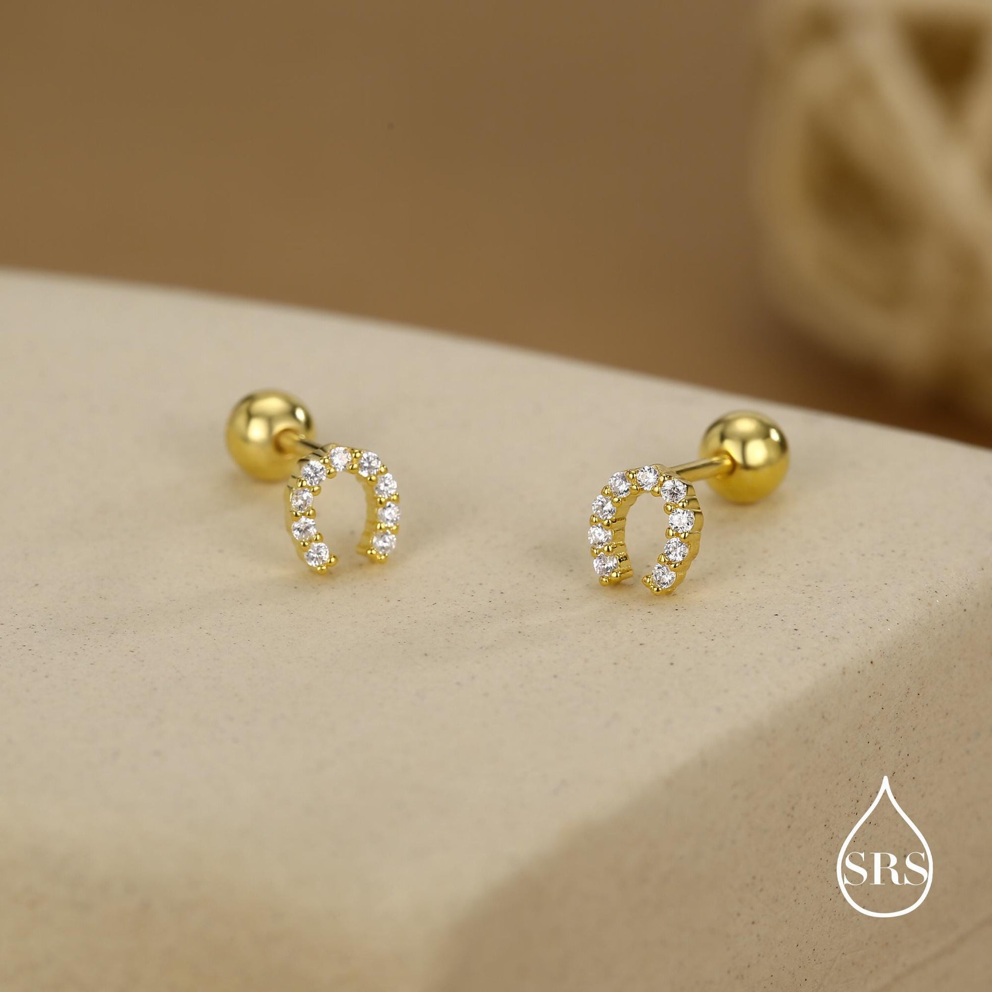 Sterling Silver CZ Horseshoe 18G Screw Back Stud Earrings with Ball Backs