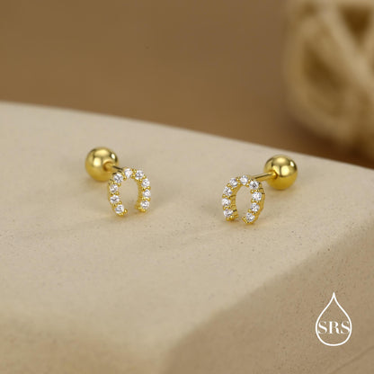 Sterling Silver CZ Horseshoe 18G Screw Back Stud Earrings with Ball Backs